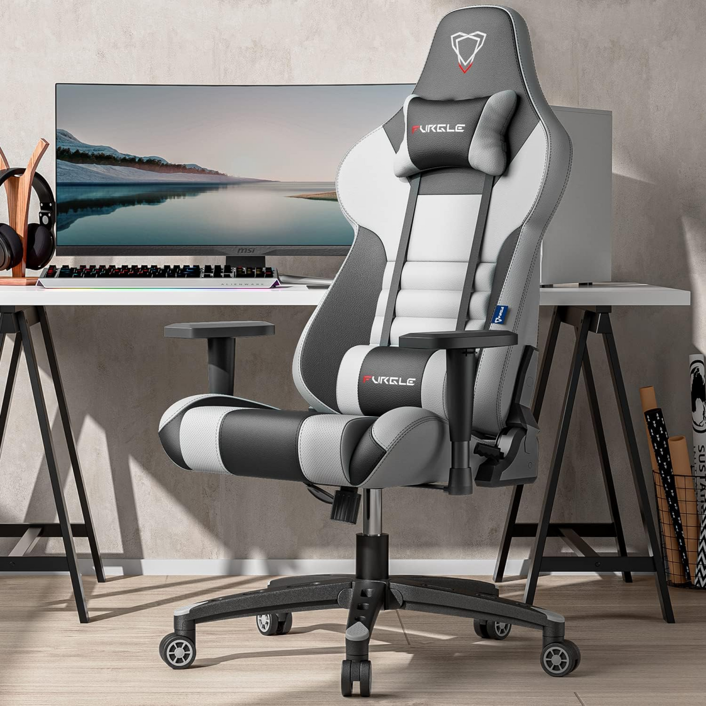 Furgle Gaming Chair, Gaming Chair, 4D Adjustable PU Leather Ergonomic Swivel Chair, Seat with Tilt Backrest, Gaming Chair